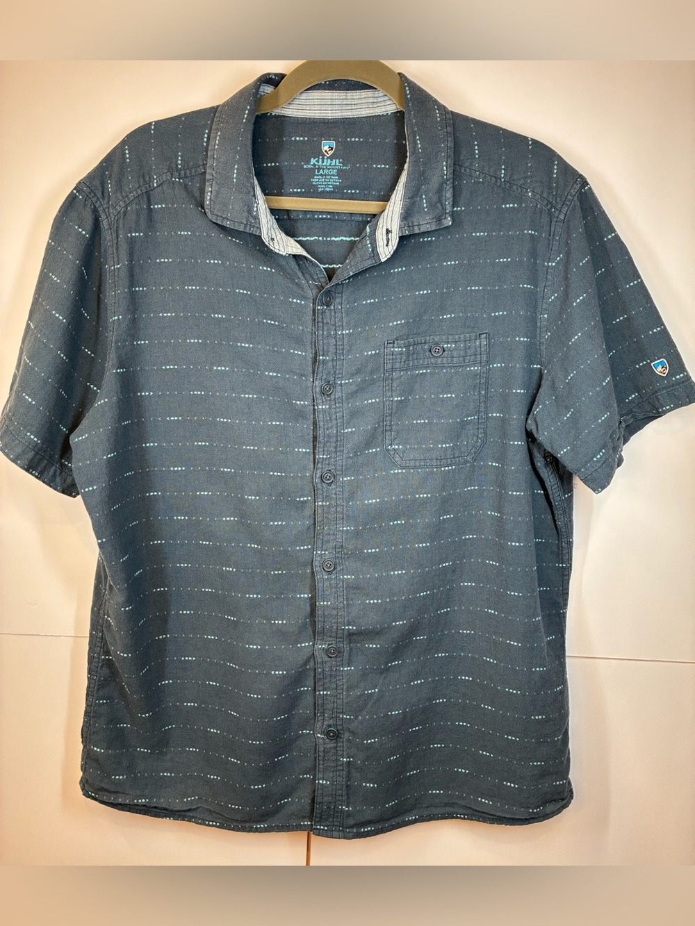 KUHL Gray/Blue Short Sleeve Button Up Shirt Large Outdoor Hiking Casual